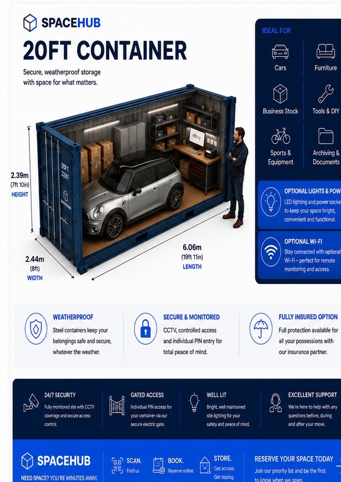 Full 20ft SpaceHub container guide showing a compact car, business stock, desk, lighting, power, security and insurance features